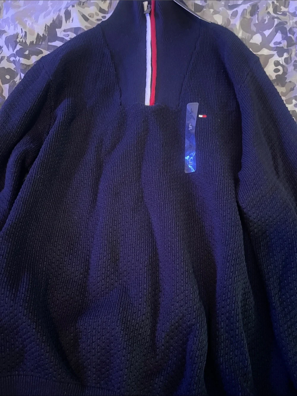 Tommy Hilfiger Navy Quarter-Zip Sweater with Red & White Trim